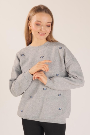 1543 Göz Nakışlı Oversize Sweat Gri - 1