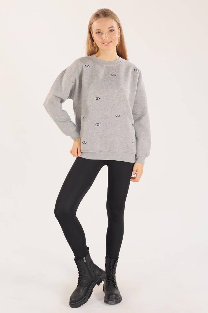 1543 Göz Nakışlı Oversize Sweat Gri - 2