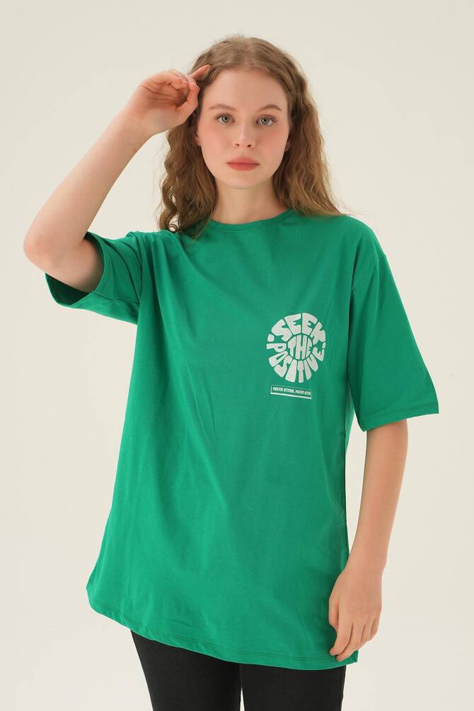 1698 Posıtıve Baskı Oversize Tişört Benetton Yeşili - 3