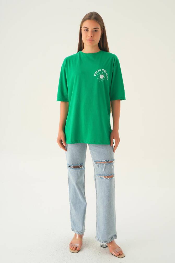 1706 Beverly Hills Baskı Oversize Tişört Benetton Yeşili - 2