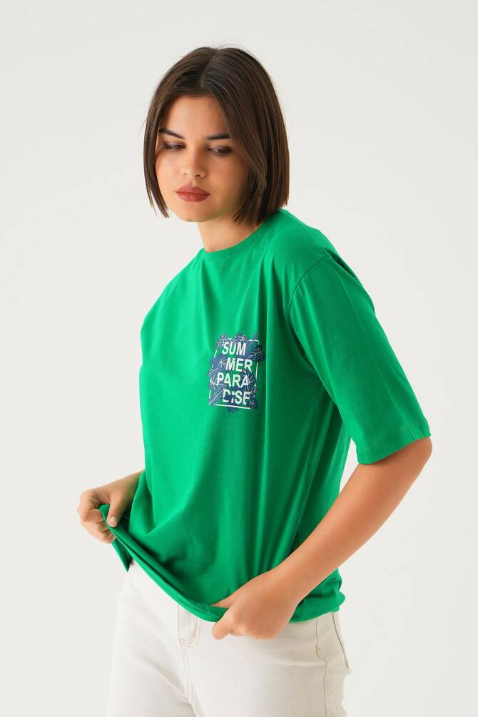 1710 Summer Baskı Oversize Tshırt Benetton Yeşili - 4