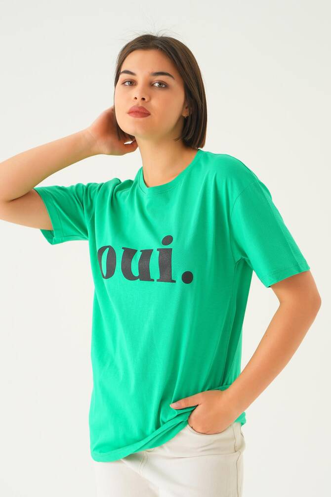 1714 Oui Baskı Oversize Tshırt Benetton Yeşili - 4