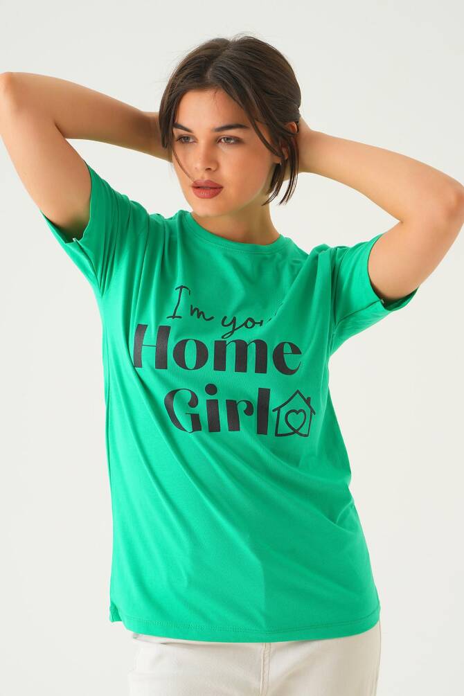 1715 Home Girl Baskı Oversize Tişört Benetton Yeşili - 1