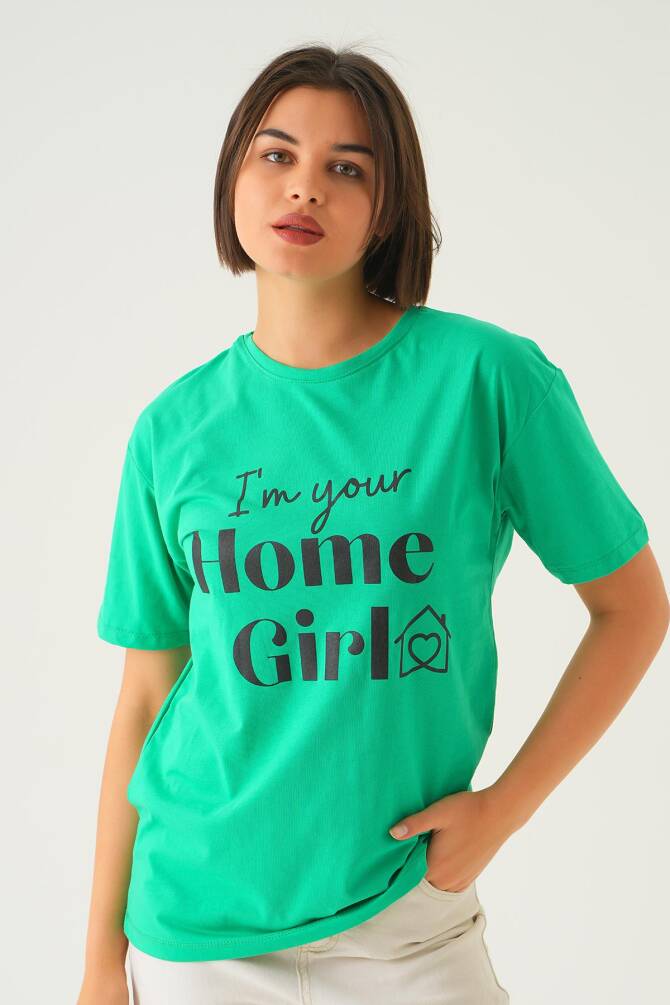 1715 Home Girl Baskı Oversize Tişört Benetton Yeşili - 2