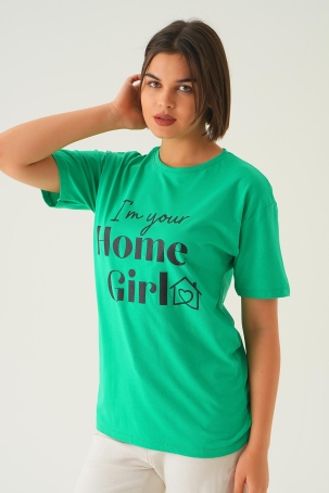 1715 Home Girl Baskı Oversize Tişört Benetton Yeşili - 4