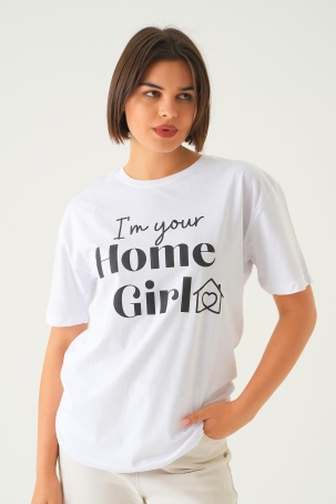 1715 Home Girl Baskı Oversize Tişört Beyaz - 1