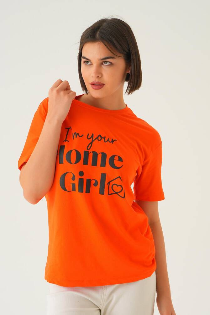 1715 Home Girl Baskı Oversize Tişört Orange - 1