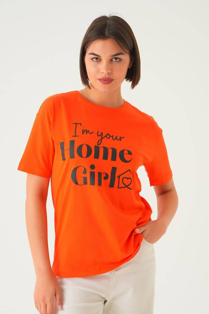 1715 Home Girl Baskı Oversize Tişört Orange - 6