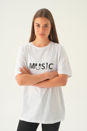 1717 Music Baskı Oversize Tişört Beyaz - 3