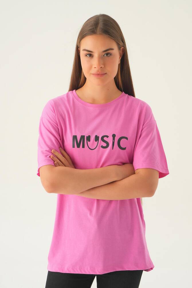 1717 Music Baskı Oversize Tişört Pembe - 3