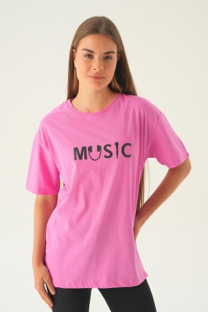 1717 Music Baskı Oversize Tişört Pembe - 4