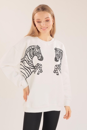 3217 Zebra Desen Sweat Ekru - 1