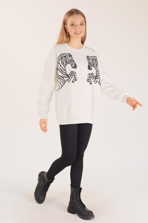 3217 Zebra Desen Sweat Ekru - 3