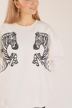 3217 Zebra Desen Sweat Ekru - 5