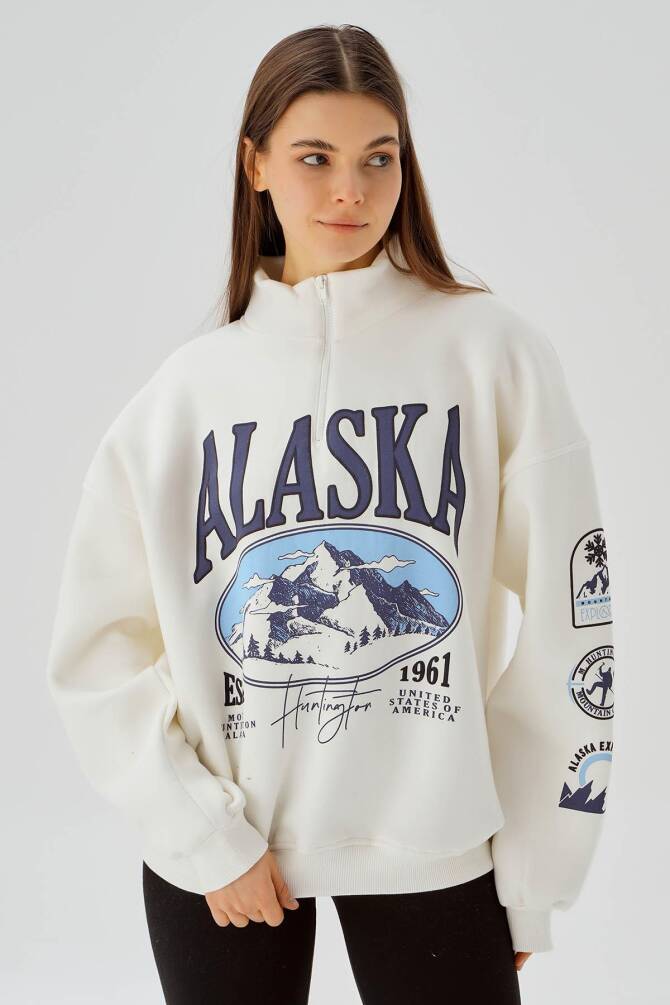 3610 Alaska Baskı Sweat Ekru - 1