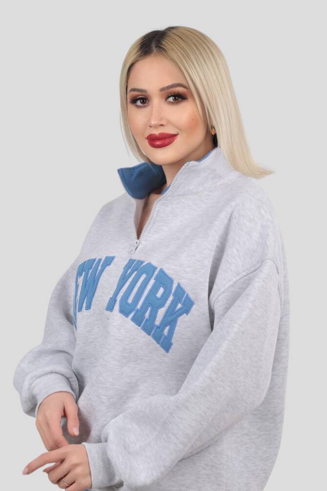 3623 New York Baskılı Fermuarlı Sweat Gri - 1