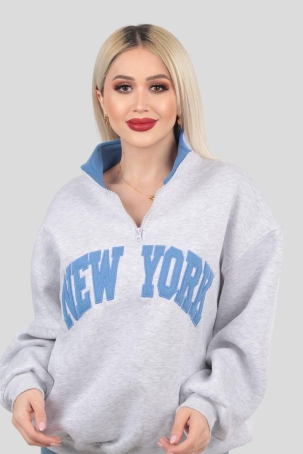 3623 New York Baskılı Fermuarlı Sweat Gri - 2