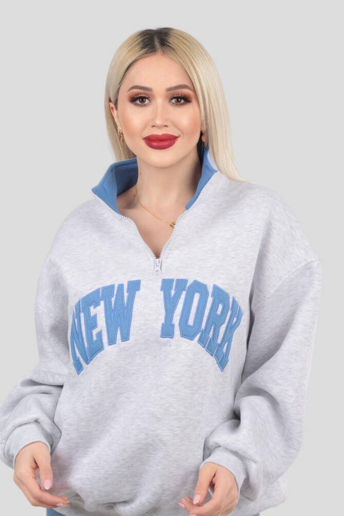 3623 New York Baskılı Fermuarlı Sweat Gri - 2