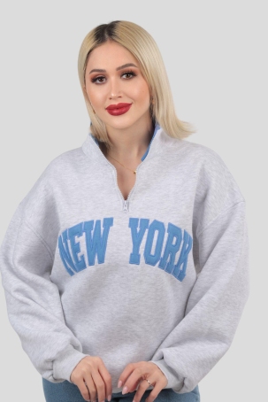 3623 New York Baskılı Fermuarlı Sweat Gri - 4