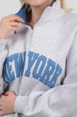 3623 New York Baskılı Fermuarlı Sweat Gri - 6