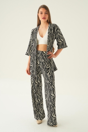 4118A Zebra Desen Kimono Takım Siyah - 1