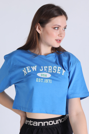 5162 New Jersey Baskı Crop Tişört Mavi - 1