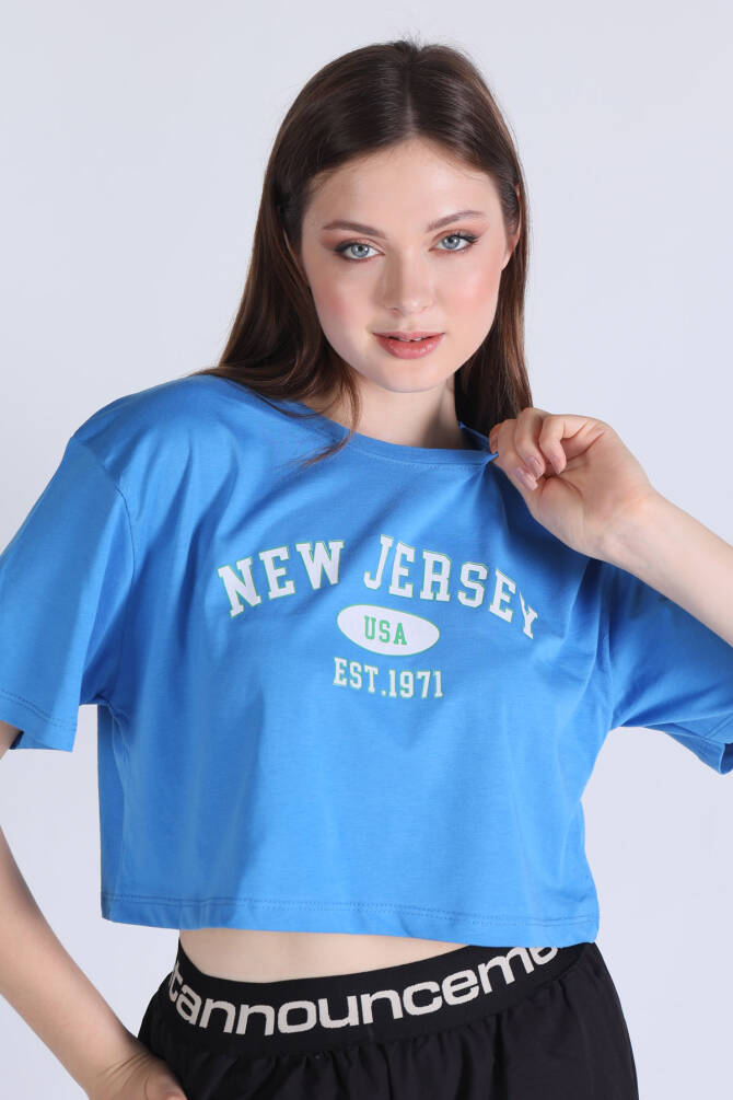 5162 New Jersey Baskı Crop Tişört Mavi - 2