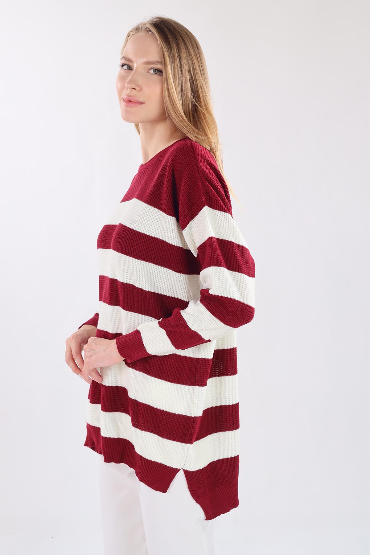 5380 Bisiklet Yaka Çizgili Tunik Bordo 