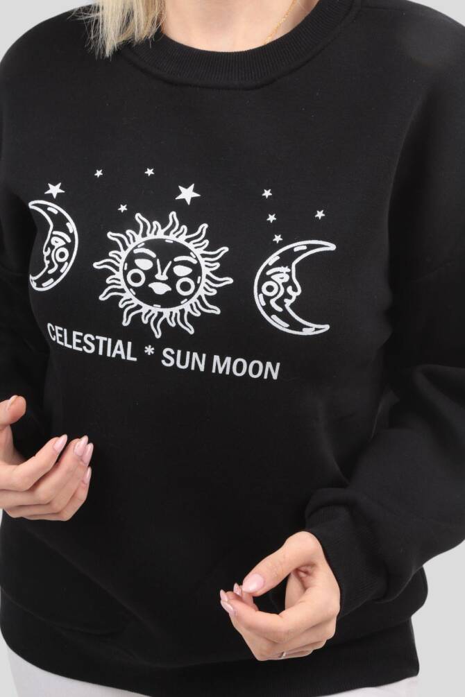 9016M Sun Moon Baskı Sweat Siyah - 5