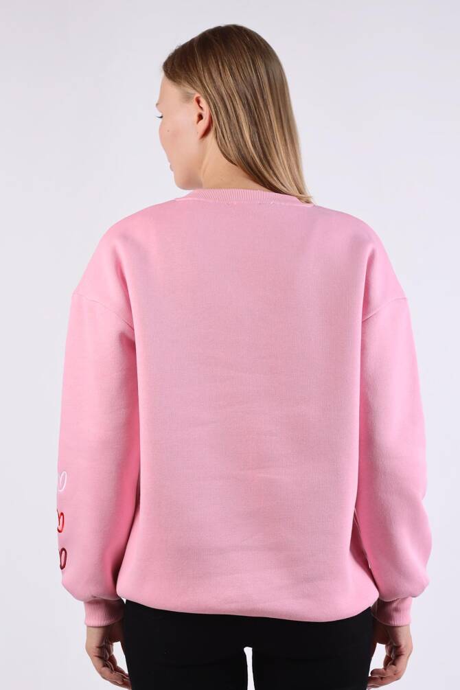 9175M Bisiklet Yaka Kalp Nakışlı Sweat Pembe - 5