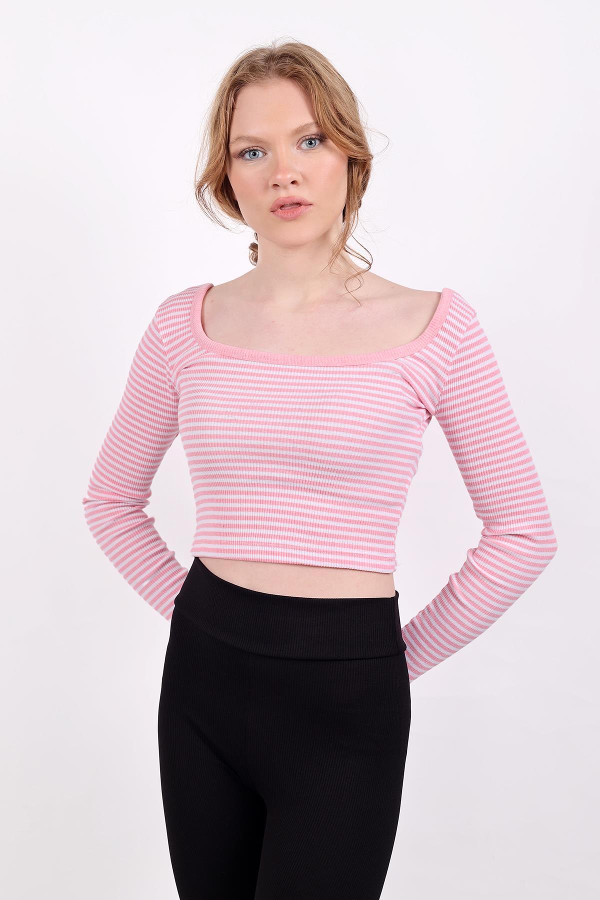 9904 Kare Yaka Çizgili Crop Bluz Pembe Pembe