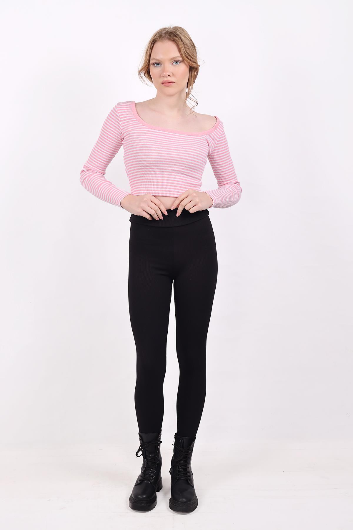 9904 Kare Yaka Çizgili Crop Bluz Pembe - 2