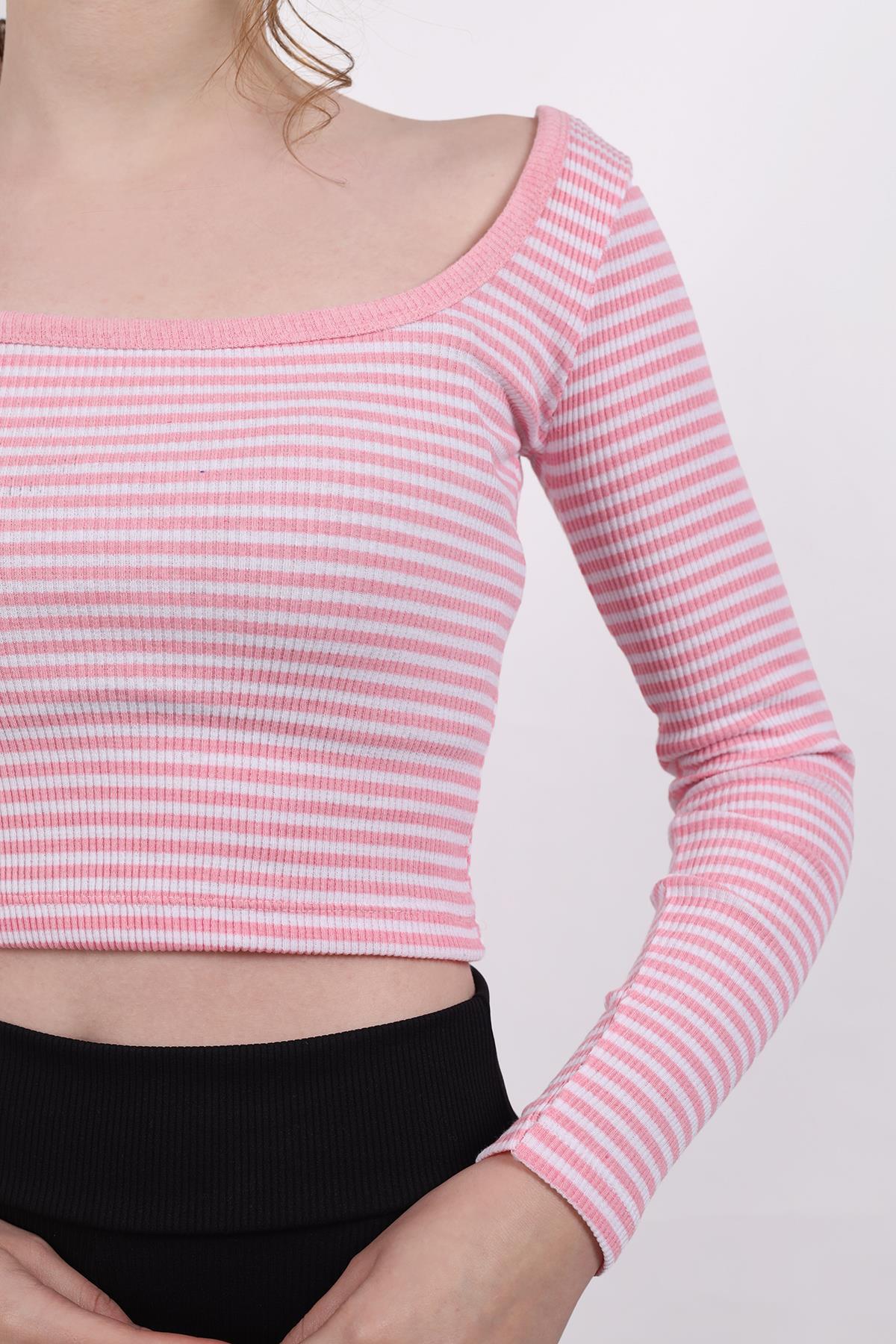 9904 Kare Yaka Çizgili Crop Bluz Pembe - 4